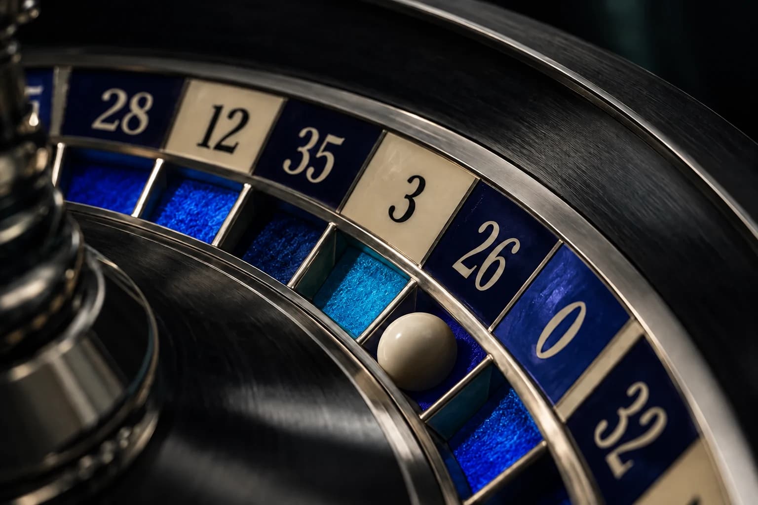 Concept image of an ivory ball in a dark roulette wheel