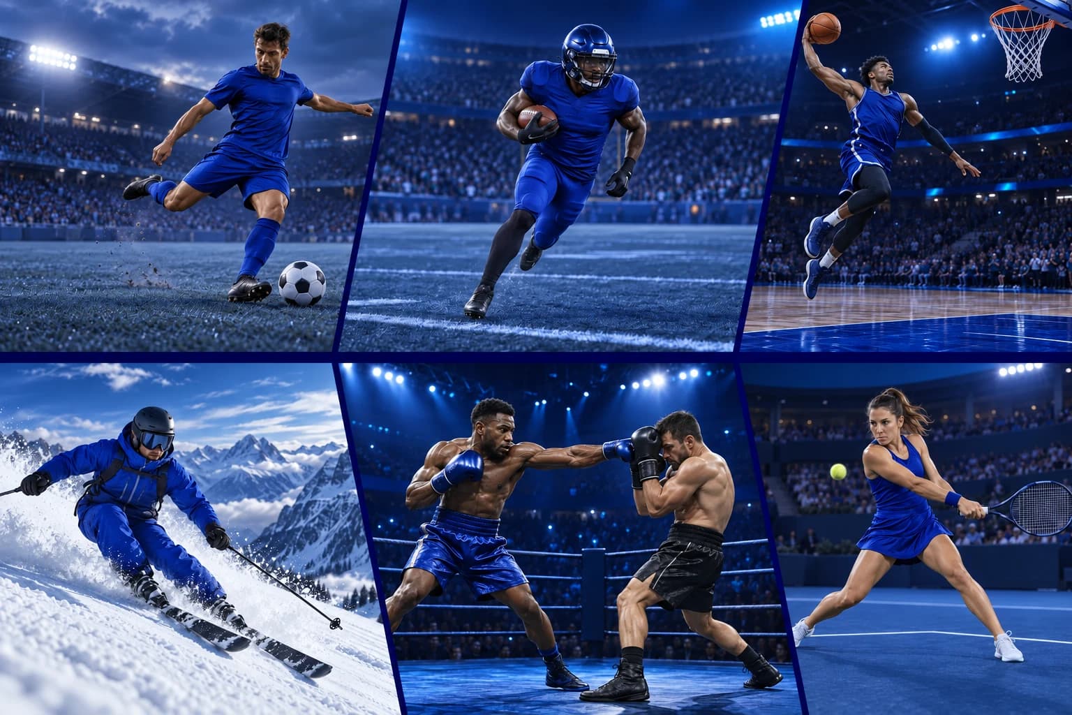 Concept collage of soccer, American football, basketball, skiing, boxing and tennis in diagonal blue panels
